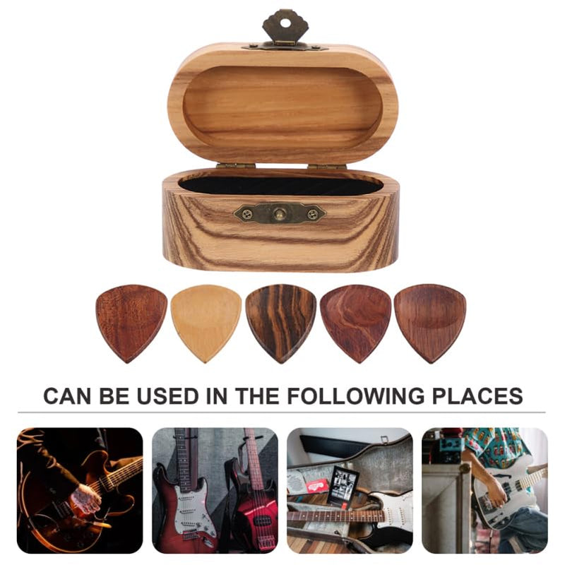 Alasum Pick Storage Box - Elegant Wooden Guitar Holder with 2 Natural Wood Picks Portable and Stylish Case for Guitar Accessories