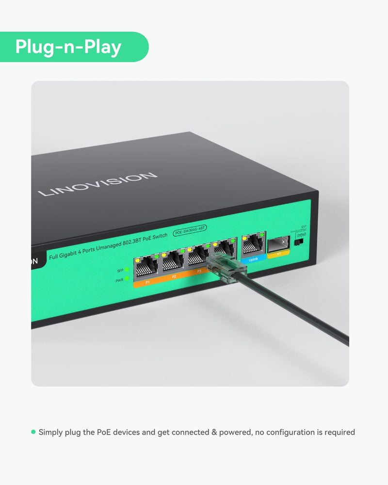 LINOVISION 4 Port Full Gigabit PoE++ Switch, 802.3bt 90W, Total 96W Power | 4 PoE++ Ports @ 90W Each, IEEE 802.3 af/at/bt | Unmanaged Plug-and-Play | for PTZ Camera, WiFi AP and PoE Light POE-SW304G-4BT