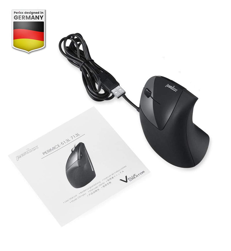Perixx Perimice-513L Wired Vertical Ergonomic Mouse with 2 DPI, 6 Button Optical Ergo Mouse with 2 Level DPI Switch 1000 1600, Left Handed, Black