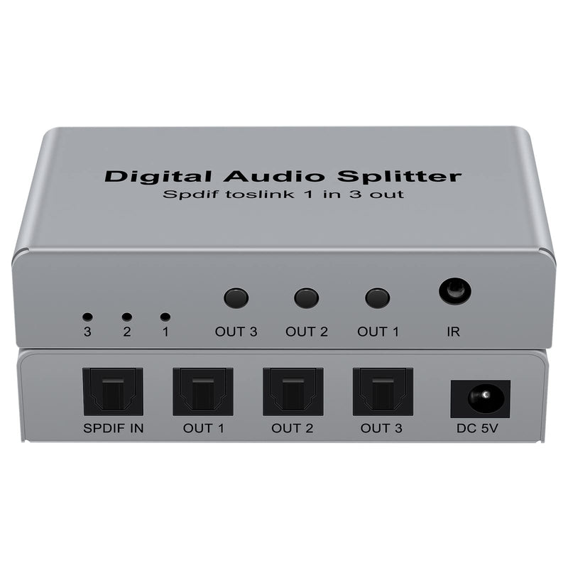 3 Port SPDIF Toslink Fiber Audio Splitter, Digital Optical Splitter 1x3(1 in 3 Out) with Optical Cable for TV, Support Dolby Digital DTS 5.1 PCM Stereo LPCM 96KHZ