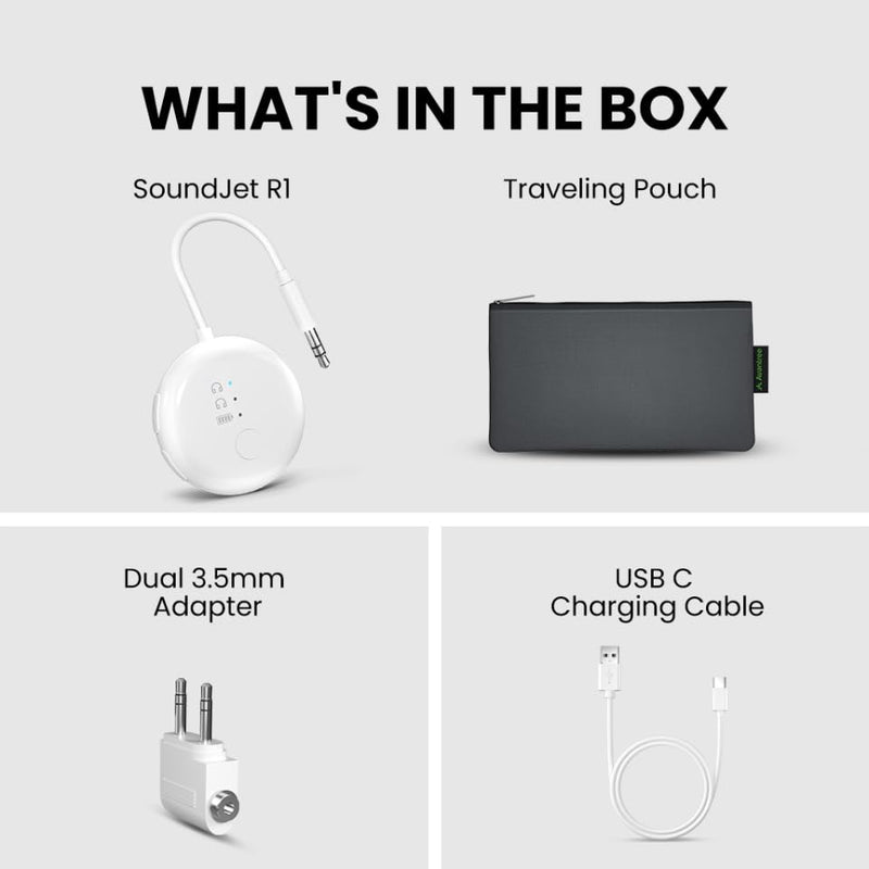 Avantree SoundJet R1 [2025 New] - Airplane Bluetooth 5.3 Adapter for up to 2 AirPods or Headphones with Low Latency and 20hr Playtime, Wireless Audio Transmitter for Flights, Travel, Gym, TV, Tablet White - With Dual Adapter