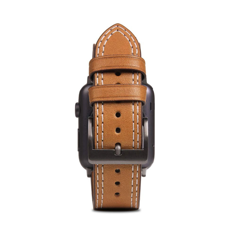 [SLG DESIGN] D+ Italian Temponata Leather Strap Band for Apple Watch 4 44mm 42mm iWatch Series 1 2 3 Nike Sports Replacement Strap Bands Dressy Black Stainless Steel Adapters (Tan) Tan