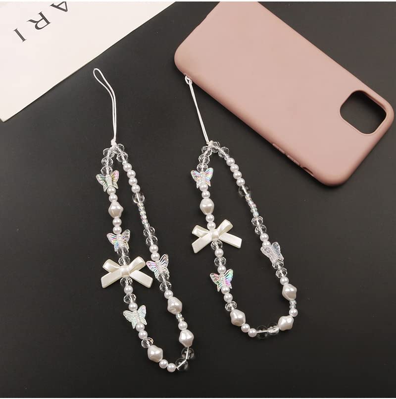Cute Cell Phone Charms, Creative Bows Pearl Beaded Phone Lanyard Wrist Strap, Beaded Phone Strap Charms Anti-Lost Chain Keyring Charms Camera Wallet Decoration Pendant, Style 1… Style 2