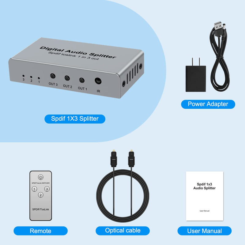 3 Port SPDIF Toslink Fiber Audio Splitter, Digital Optical Splitter 1x3(1 in 3 Out) with Optical Cable for TV, Support Dolby Digital DTS 5.1 PCM Stereo LPCM 96KHZ