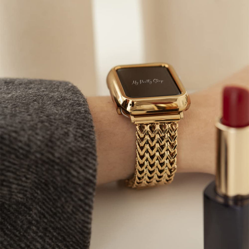 My Pretty Strap Gold Apple Watch Band & Glossy XOXO Protective Case Bundle – Elegant Stainless Steel Strap & Luxury Metal Cover for Apple Watch Series 1-11, SE & Ultra (38MM) Mermaid
