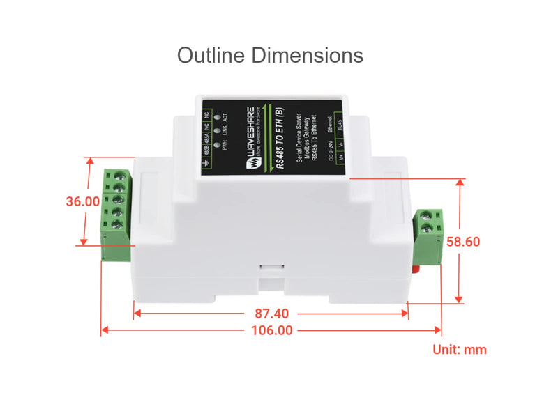 waveshare RS485 to RJ45 Ethernet Converter Adapter,TCP/IP to Serial Converter, Industrial Rail-Mount RS485 Serial Server Supports TCP Server/TCP Client/UDP Mode/UDP Multicast