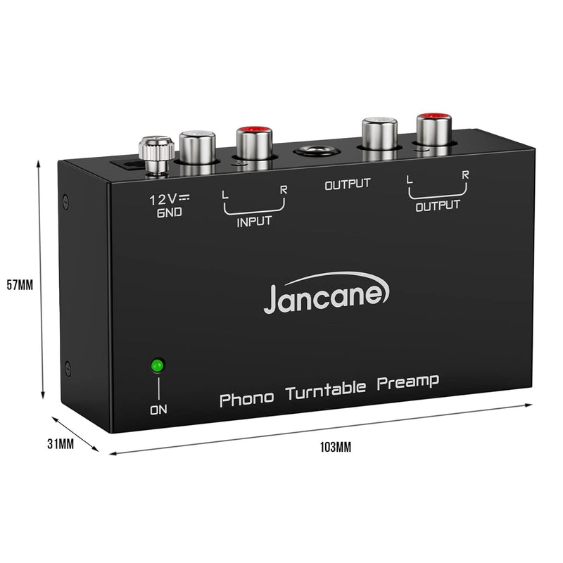 Jancane Phono Preamp for Turntable- Mini Electronic Audio Stereo Phonograph Preamplifier with RCA Input, RCA/TRS Output, Low Noise Operation, with 12 Volt DC Adapter Mini Phonograph Preamplifier-Black