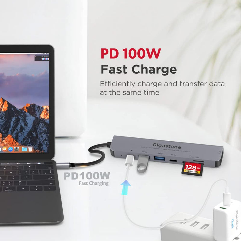 【USB C Hub】【100W Power Delivery】 Gigastone Multiport Adapter 7-in-1 with 100W Charging, 4K HDMI, USB-C & 2 USB-A 5Gbps, SD & microSD Reader, for MacBook Air, MacBook Pro, Chromebook, Zenbook, Surface