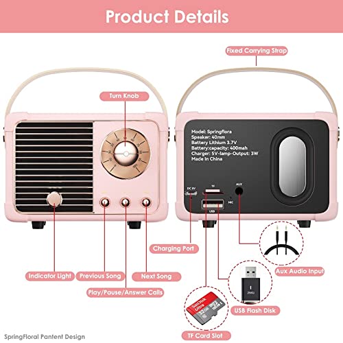 [AUSTRALIA] - Retro Bluetooth Speaker, Portable Bluetooth Wireless Speaker, Hands-Free Call,400mA Battery,TF Card,Aux Line, for iPhone Android, Retro Decor for Home Office Birthday Gift Ideas Pink Blush Pink 