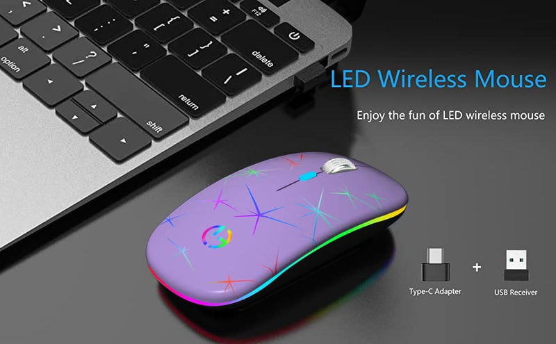 Wireless Mouse, 2.4G Portable Optical Quiet RGB Mouse with USB Receiver and Type C Adapter, 3 Adjustable DPI Levels, Wireless Computer Mouse for Laptop, Computer, PC, MacBook, Desktop Purple