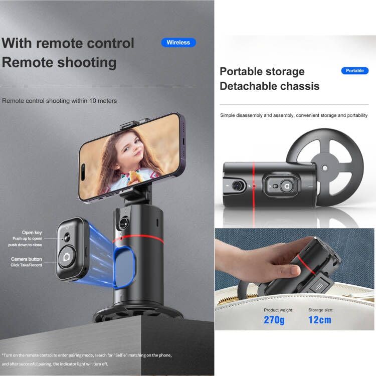 Auto Tracking Phone Holder,360° Rotation Phone Camera Mount Smart Shooting Phone Tracking Holder with Remote Selfie Stick for iPhone Android Stabilizer Shooting Live,No App,Rechargeable Black