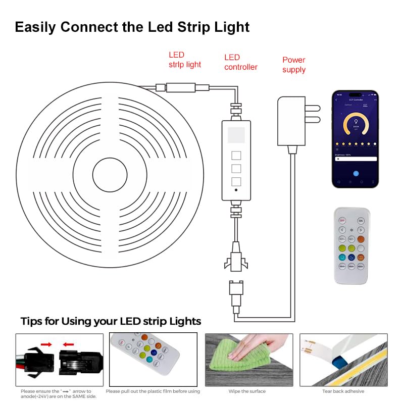 CCT COB LED Strip Light 16.4ft, Tunable White Warm White to Cool White LED Strip, 608LEDs/M DC24V Tape Light, CRI90+, Bluetooth App Control, Dimmable Strips for Bedroom, Office, DIY Lighting. 2700K-6500K
