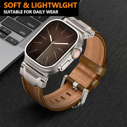 Leather Bands Compatible with Apple Watch Ultra 3/2/1 Band 49/46/45/44/42mm Men, Genuine Leather Metal Connector Strap for iWatch Ultra Series 11/10/9/8/7/SE/6/5/4, Black/Black+Retro Walnut/Titanium