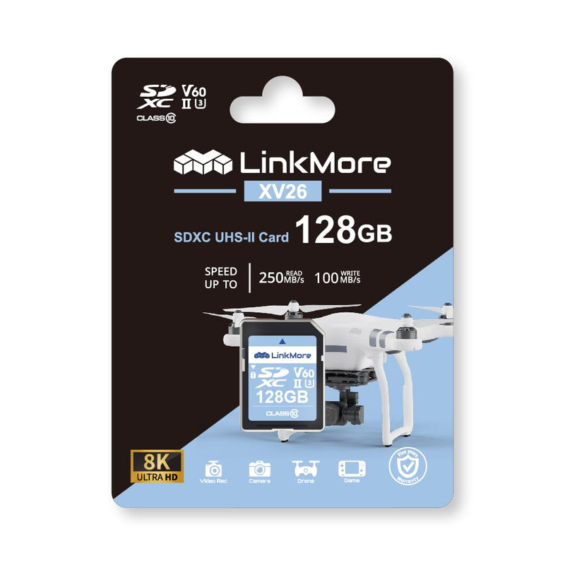 LinkMore XV26 128GB SDXC UHS-II Card UHS-II SD Card, C10, U3, V60, SD Card for Digital Camera, Drone Support 4K 8K Video, Camera Memory Cards up to 250MB/s Read Speed, 100MB/s Write Speed