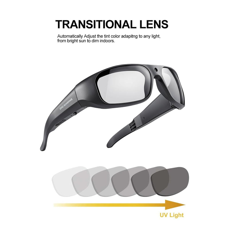 OhO Smart Glasses,1080P Xtreme Sporting Camera Sunlasseswith Built-in 32GB Memory,UV400 Sunglasses for Outdoor Sport(Men/Women) Black Frame丨Transition Lens丨32G