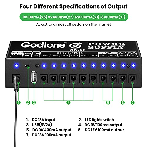 Guitar Pedal Power Supply 10 Way DC Outputs for 9V 12V 18V Effect Pedal with USB(5V2A) Port GD-02 US GD-02 with USB