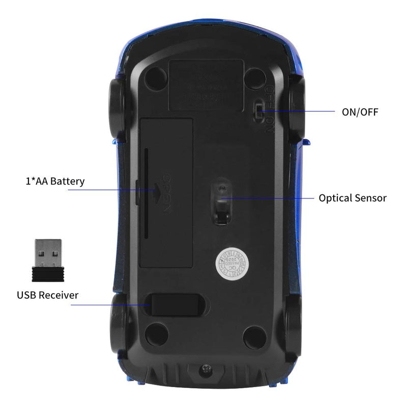 Wireless Mouse, 2.4GHz Cool Sport Car Shape Wireless Mouse Optical Cordless Mice with USB Receiver for PC Laptop Computer Notebook 1600 DPI-Blue blue