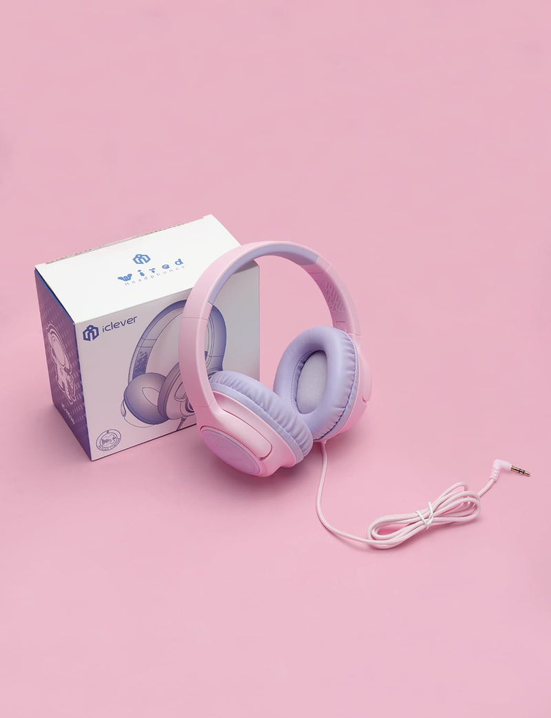 iClever Kids Headphones with Cord, 85dBA Safe Volume Wired Headphones for Kids, Stereo Sound Foldable Adjustable, 3.5mm Jack, Over Ear Kids Headphones for School/Boys/Girls/iPad/Tablet/Travel, Pink