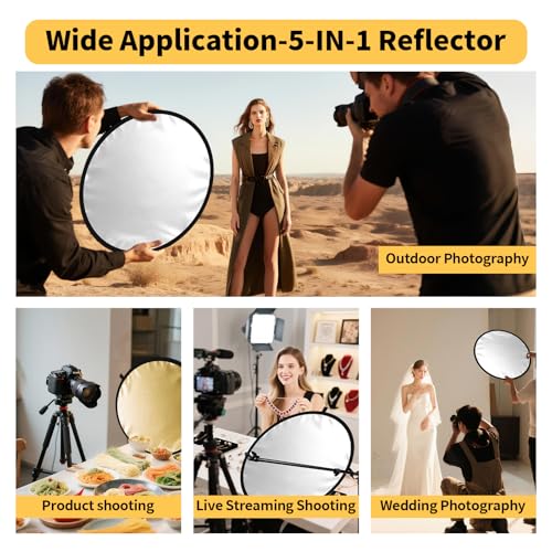 24/32/43/52in Photography Reflector, 5 in 1 Light Diffuser with Panel&Bag, Light Reflectors for Photography, Ideal for Content Creator Essentials&Photographer in Silver,Gold,White and Black 43inch/110cm