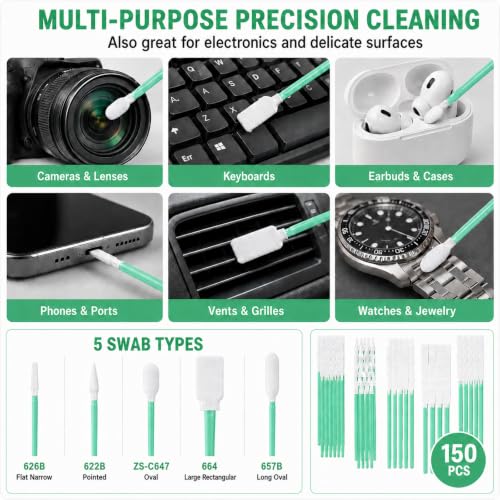 150PCS Microfiber Cleaning Swabs, 5-Size Lint Free Swabs Cleaning Q Tips for 3D Printers, Drones, Camera Lenses, Optics, Electronics, Auto Detailing, Arts and Crafts Green