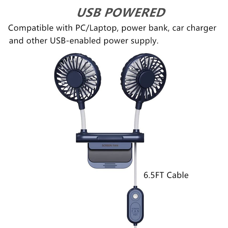 Desktop Fan, THRRLY Monitor Clip on Fan with 2 Fan Heads, 3 Speeds Office Desk fan USB Powered Cooling Fan with Sturdy Adjustable Clamp, Strong Wind Quiet Personal USB Small Fan for Laptops, Desktop. Dark Blue
