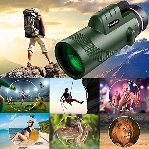 Pankoo 40x60 HD High Power Adult Monocular with Tripod and Smartphone Adapter - Ideal for Birdwatching, Hiking, Traveling Concerts - BAK4 Prism, Clear Colors, Durable and Portable Military Green