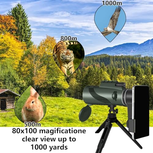 Monocular-Telescope 80x100 High Powered Monoculars High Definition for Adults High Powered with Smartphone Adapter Telescope Hunting Wildlife Bird Watching Travel Camping Hiking-Green Green