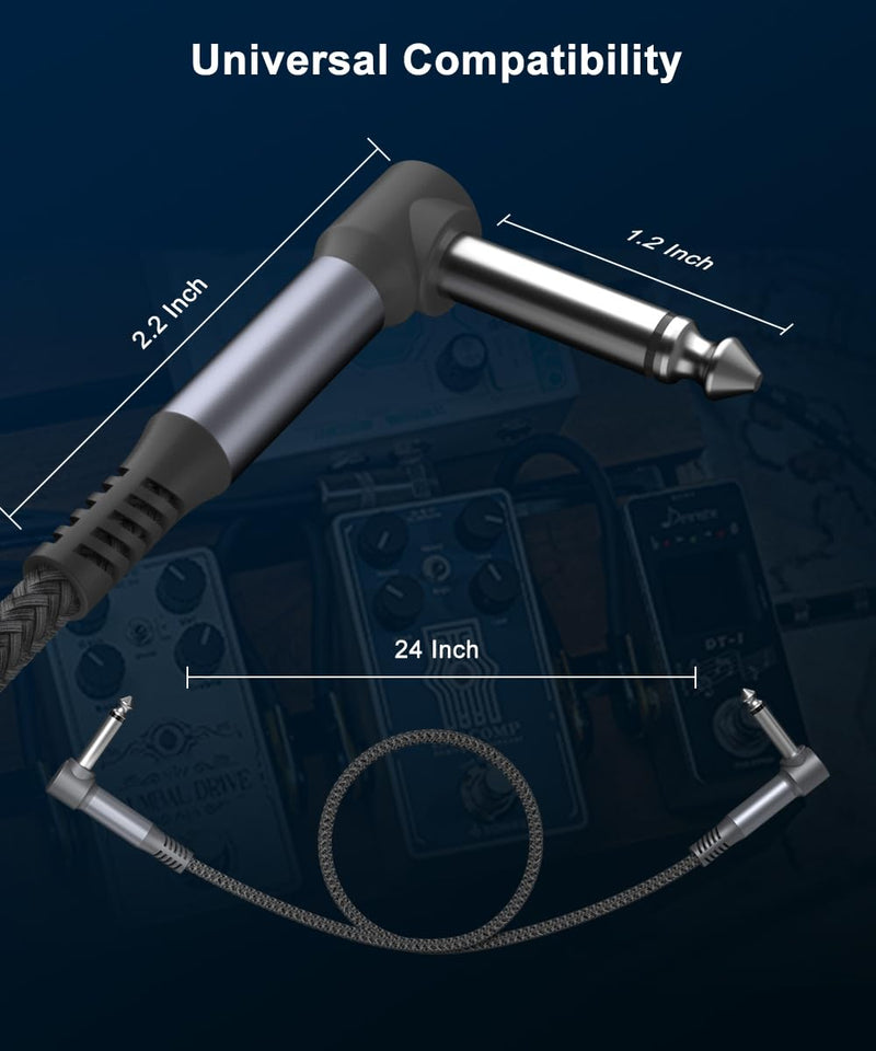 Ruxely Guitar Patch Cables 24-Inch 3-Pack,6.35MM Effects Pedal Board Cord,Nylon Braided 1/4 Right-Angle Instrument Audio Cable,Pedalboard Connector TS Copper Wire for Amp/Amplifier,Mixer,Electric Bass 24 inch Gray