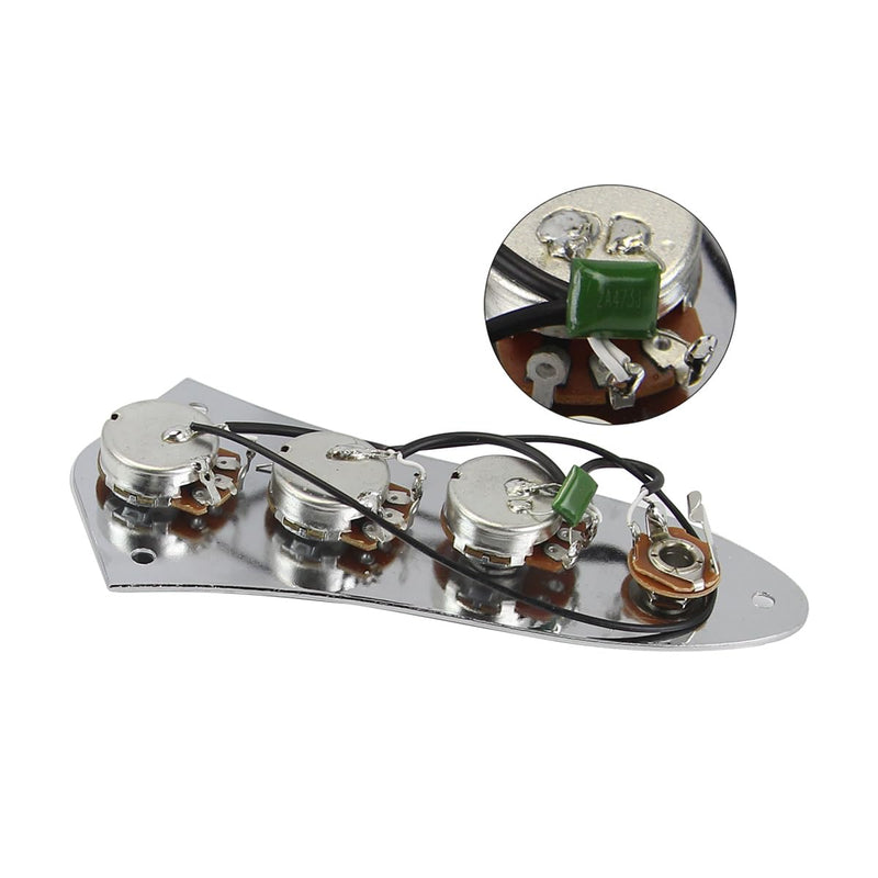 FLEOR Pre-wired Control Plate Fully Loaded Control Plate Wiring Harness Kit Chrome with Plastic Black Knobs for Fender Jazz Bass Part Chrome with Plastic Knob