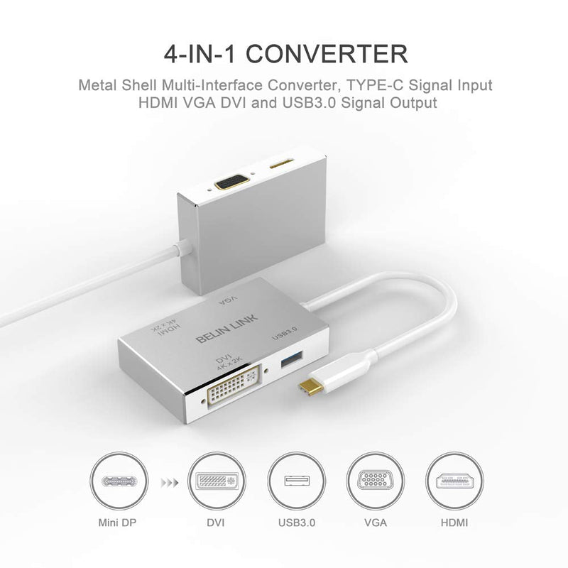 USB C to HDMI DVI VGA USB3.0 Adapter,USB 3.1 Type-C 4in1 Hub to HDMI DVI 4K VGA USB Adaptor Converter (Thunderbolt 3 Compatible), USB-C Adapter for MacBook/MacBook Pro air/Surface pro