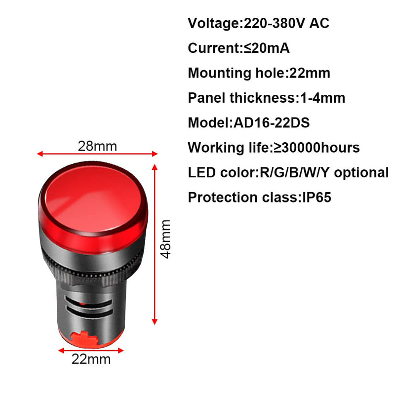 Gebildet 12 Pieces AC220V-380V 22mm LED Indicator Signal Light Control Light, LED Indicator Pilot Signal Lamp, AD16-22D/S (Red/Yellow/Blue/Green, Each Color 3 Pcs) Mix E321