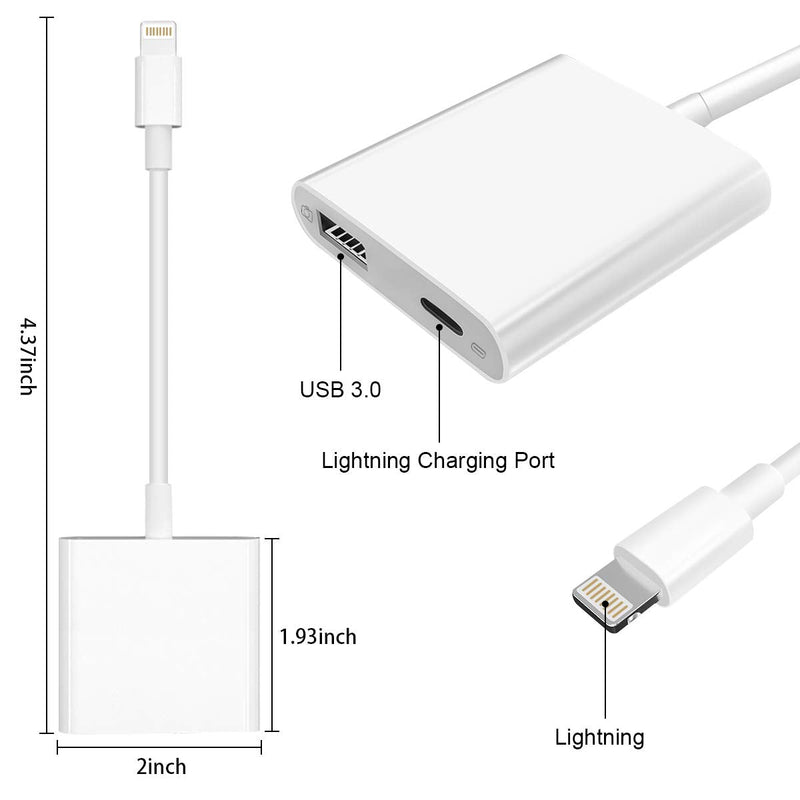 Lightning to USB3 Camera Adapter with Charging Port, Lightning Female USB OTG Cable Adapter for Select iPhone,iPad Models Support Connect Camera, Card Reader, USB Flash Drive, MIDI Keyboard (White)