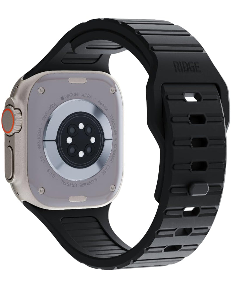 RIDGE Watch Strap - Compatible with Apple Watch 41/42 & Ultra/46 mm (Series 1-10 and SE), Premium FKM Rubber, Stainless Steel Hardware, Adjustable & Fits Most Wrists Matte Black Large