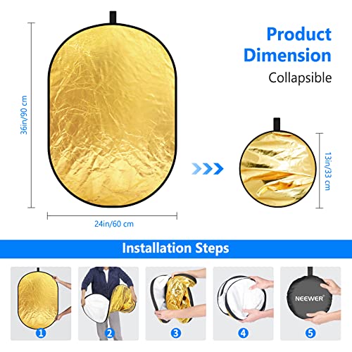 NEEWER 24"x36"/60x90cm Light Reflectors for Photography, Portable 5 in 1 Collapsible Multi Disc with Bag - Translucent, Silver, Gold, Black, White Diffuser for Studio and Outdoor Lighting 24" x 36"