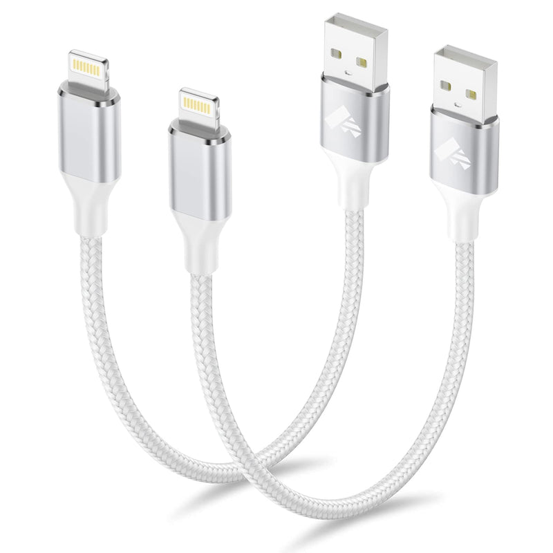 Aioneus Short iPhone Charger Cord 1ft 2Pack, Apple Certified USB A to Lightning Cable 1 Foot Nylon Braided Short iPhone Cable Fast Charging for iPhone 14 13 12 11 Pro Max XR XS 8 7 6 Plus SE White 2