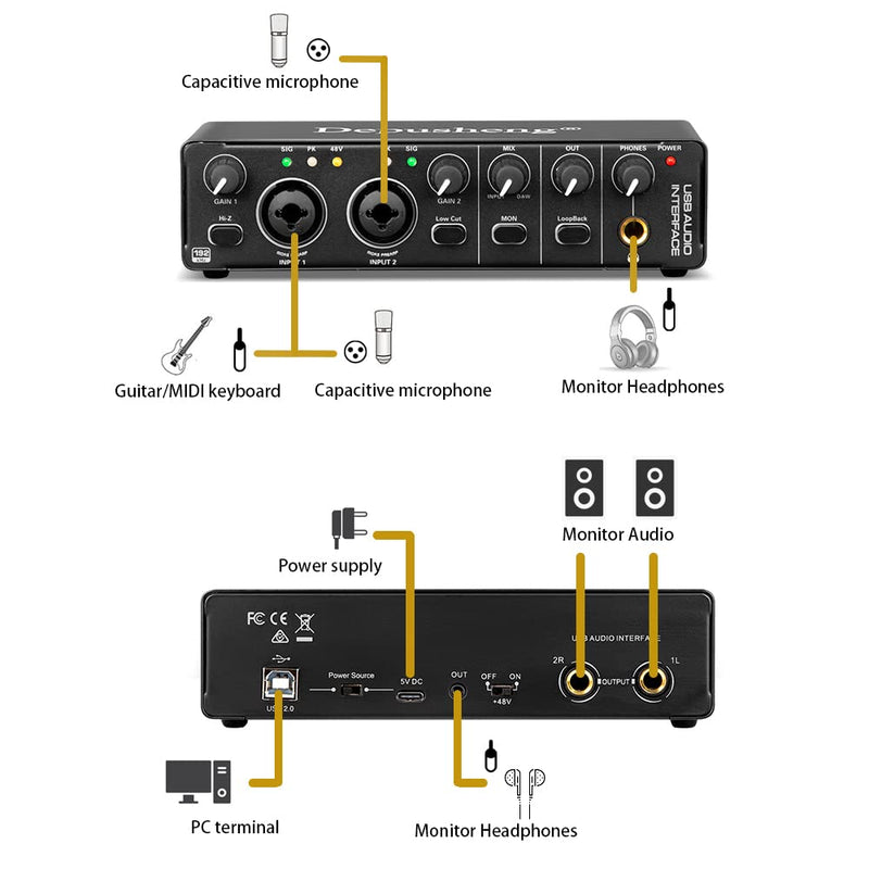 Depusheng RX2 usb audio interface computer recording sound card, home studio audio interface, can connect 48V condenser microphone, guitar recording