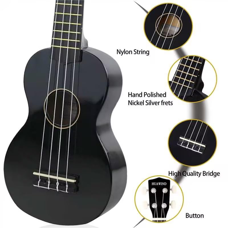 21 Inch Soprano Ukulele for Beginners, Hawaiian Ukulele Four String Wood Ukelele Professional Ukalelee For Adult Student Starter (Black) Black Ukulele