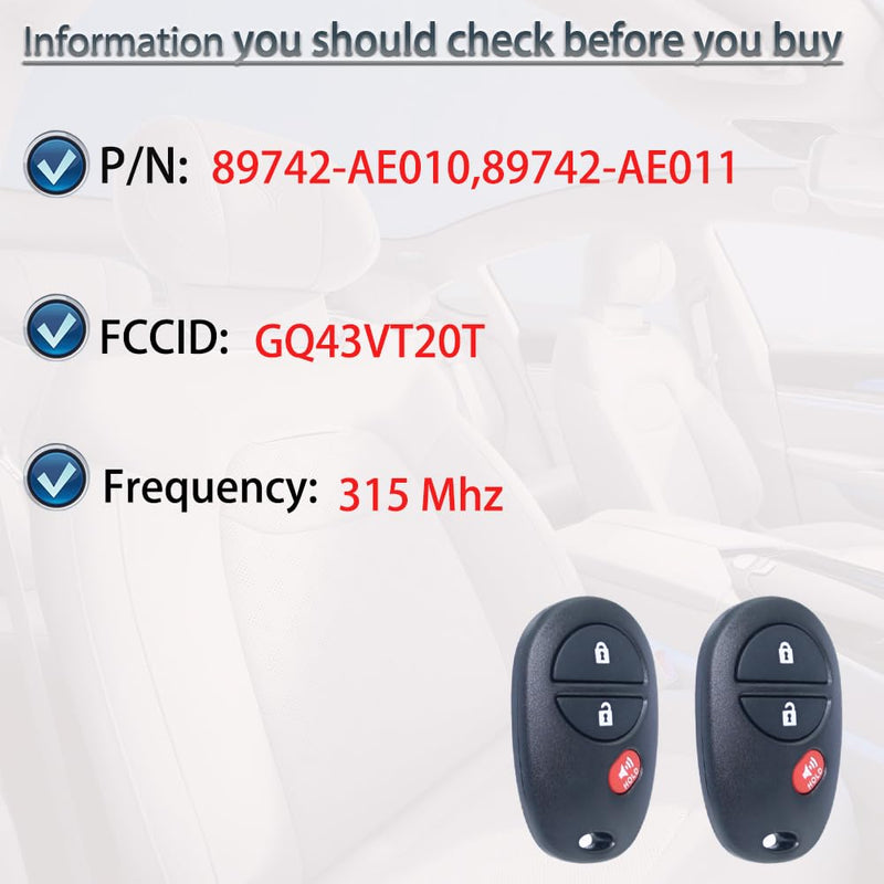 Key Fob Keyless Entry Fits for Toyota 2007-2017 Tundra /2005-2016 Tacoma / 2008-2013 Highlander / 2004-2015 Sienna /2008-2016 Sequoia Remote Control Replacement GQ43VT20T 89742-AE010 3 Buttons