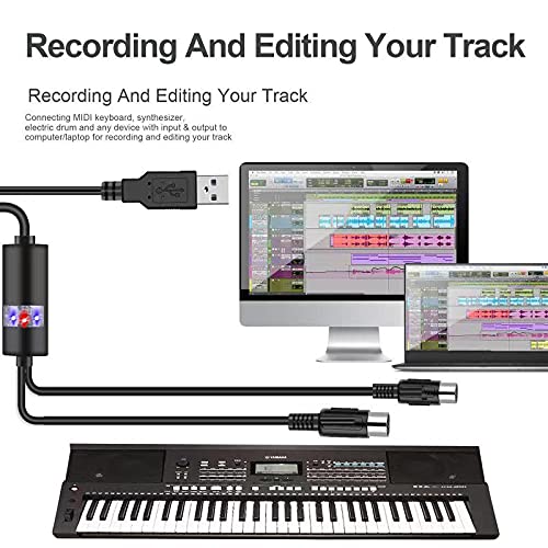 USB MIDI Cable-Upgrade Professional MIDI to USB in-Out Cable Adapter Converter Connect Piano Keyboard to PC/Laptop for Editing&Recording 2M(6.5FT) (Black) Black