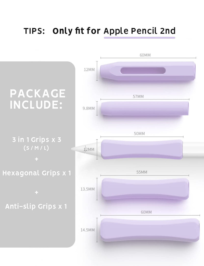 5 Pack Pencil Grips Compatible with Only Apple Pencil 2nd Generation Silicone Ergonomic Design Sleeve Holder(Lavender) Lavender