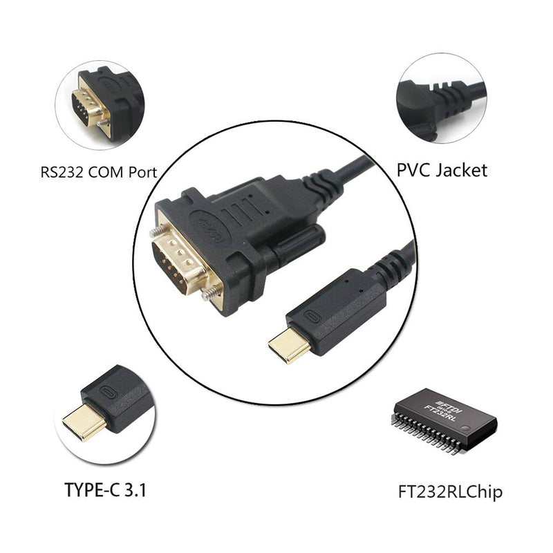 USB to DB9 RS232 Serial Adapter Converter Cable with FTDI Chip 6ft Support Win10/8/7/XP/Android/Mac/Linux/Vista (Type C to DB9) Type C to DB9