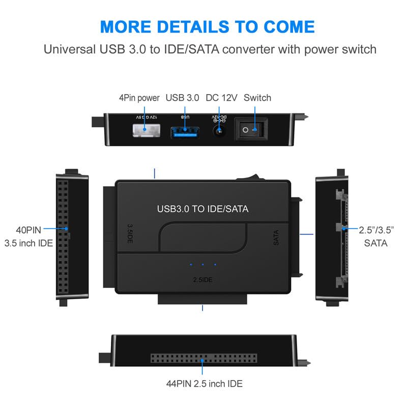 USB 3.0 to SATA or IDE Adapter, Hard Drive Adapter Cable for 2.5"/3.5" SATA HDD/SSD Drive Data Transfer with Power Supply