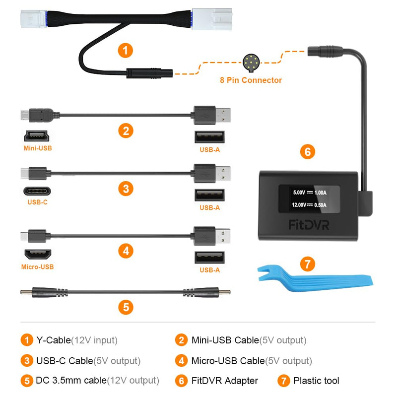 Dash Cam Power Adapter (12pin), Compatible with Toyota Tacoma Camry Corolla RAV4 and Lexus and More, LED Display, Built-in USB Power Source, Easy to Install, Plug and Play, 5V 12V Output