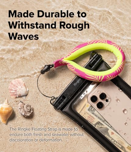 Ringke Waterproof Float Strap (2 Pack), Floating Strap, Wristband, Hand Grip, Lanyard Compatible with Camera, Phone, Key Palm Leaves / Black
