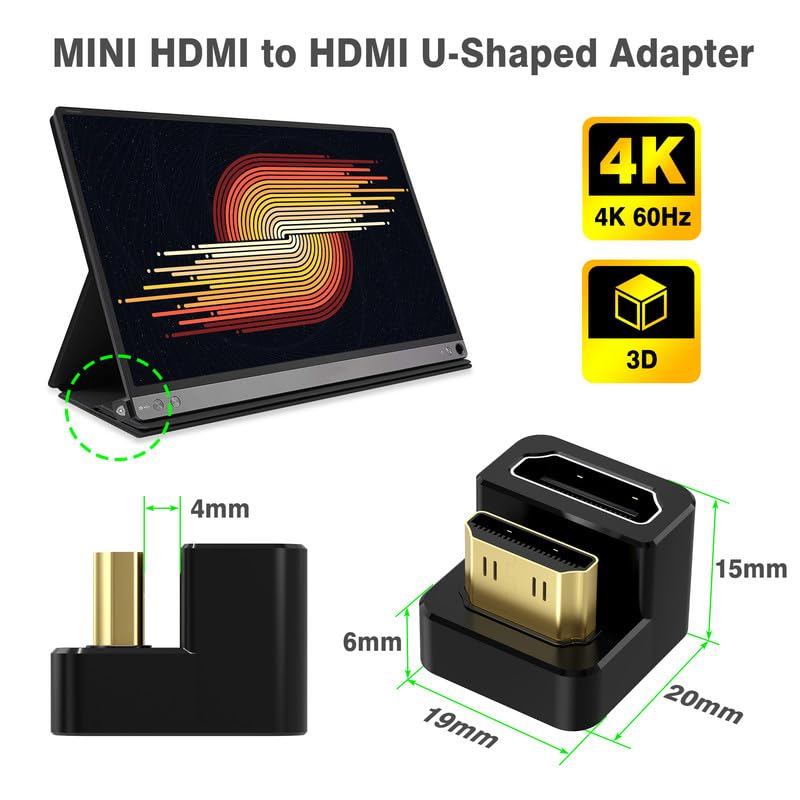AGVEE 180 Degree Angled USB-C to USB-C Adapter and Long Side Inward U-Shaped Mini HDMI to HDMI Converter, HDMI 2.0 4k@60HZ, Coupler Extender Extension for Portable Display Monitor, Black