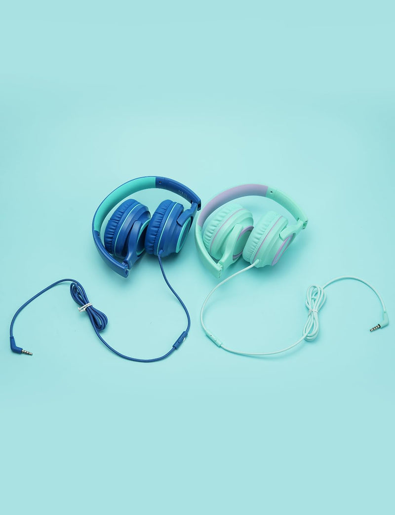 [AUSTRALIA] - iClever 2Pack Kids Headphones with Sharing Splitter - 85dBA Safe Volume Limited - HS22 Wired Headphones for Kids Teens, Tangle-Free 3.5mm Jack Foldable Stereo Headphones for School/Tablet/Travel Green & Blue 