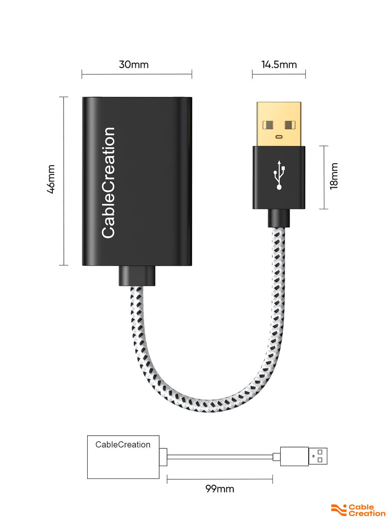 CableCreation 2 Pack USB Audio Adapter External Sound Card with 3.5mm + Mic | Headphone and Microphone Jack Compatible with Windows, Mac, macOS, Linux, PS4, PS5, Plug and Play, Aluminum Black Black USB 2.0*2 2-Pack