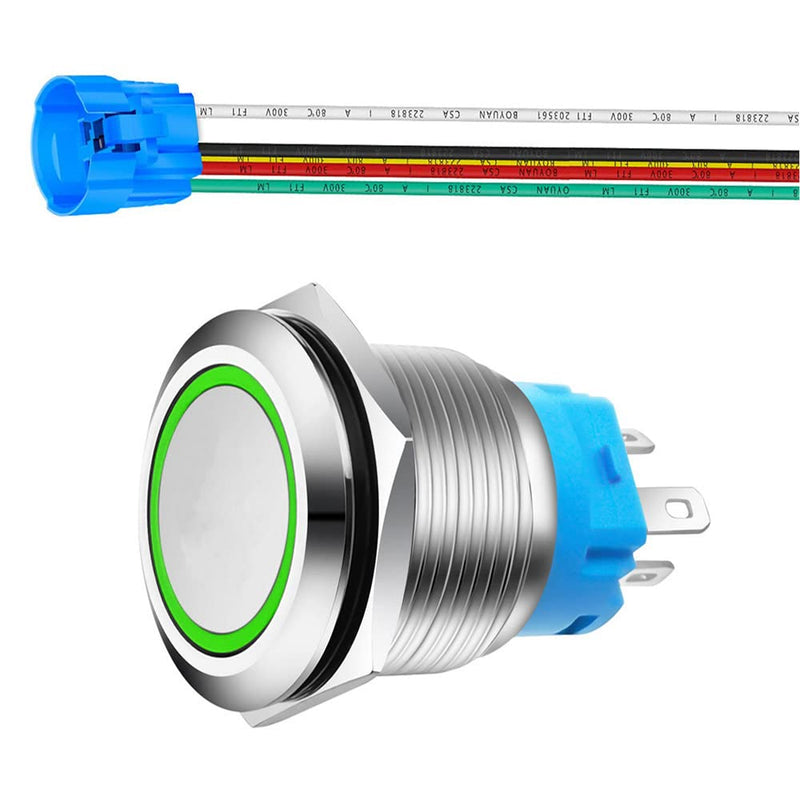 0.87 Inch/22mm Stainless Steel Momentary Push Button SPDT 110V-220V/3A LED 1NO1NC ON/Off Waterproof with Wire Socket Plug (Green LED) green /110-220V