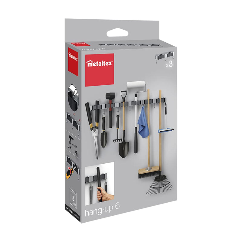 Metaltex Hang-up 6 Clamp Bar Broom Holder, Tool Holder with 3 Hooks, Set of 3