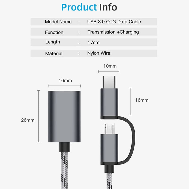 OTG Adapter Cable,2 in 1 USB to Type-C,USB to Micro USB Nylon USB 3.0 Interface Fast Transfer Connector Converter for Cellphone Charging Line (Grey) Grey